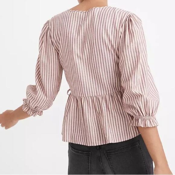 Madewell Blouse Women's Puff-Sleeve Peplum Wrap Top in Stripe Medium Mc794 - Picture 8 of 15